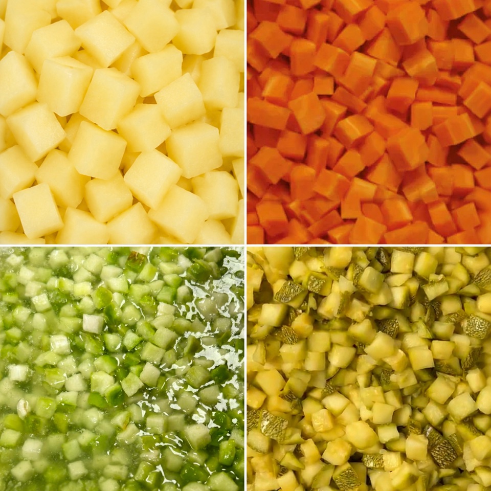 Tipos de corte de vegetales Josmac para ensalada: papa, zanahoria, pepinillo y chile en cubos.