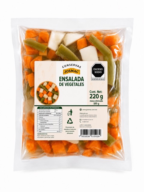 Ensalada de vegetales Josmac en pouch, contenido neto 220 gramos.