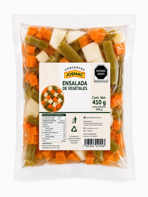 Ensalada de vegetales Josmac en pouch, contenido neto 410 gramos.