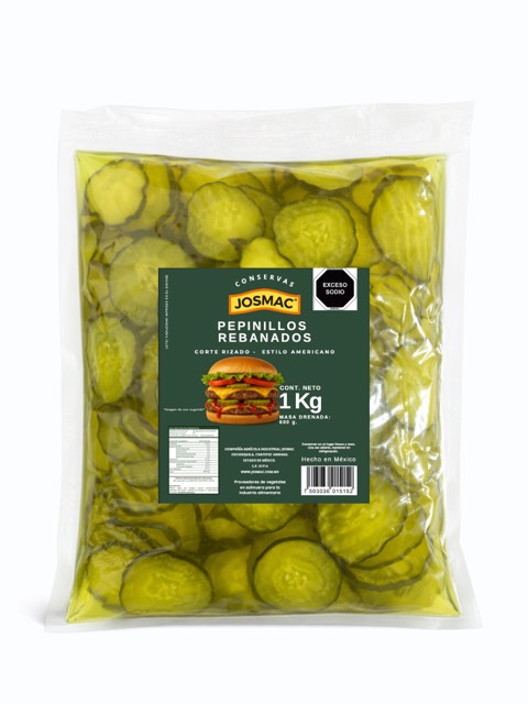 Pepinillos rebanados Josmac, presentación bolsa pouch 1 kg.