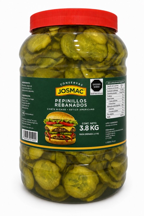 Pepinillos rebanados Josmac, presentación PET 3.8 kg.