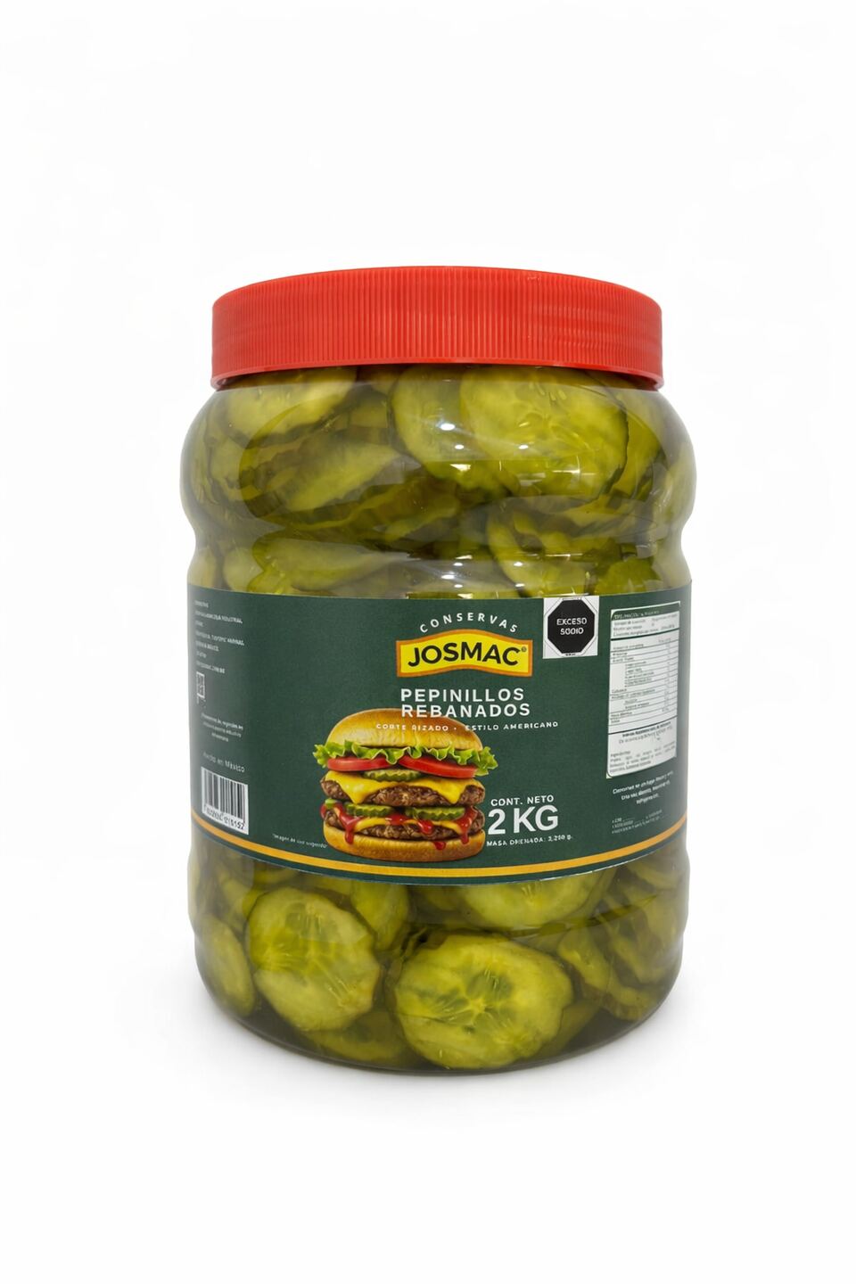 Frasco de pepinillos rebanados Josmac, presentación 2 kilogramos.
