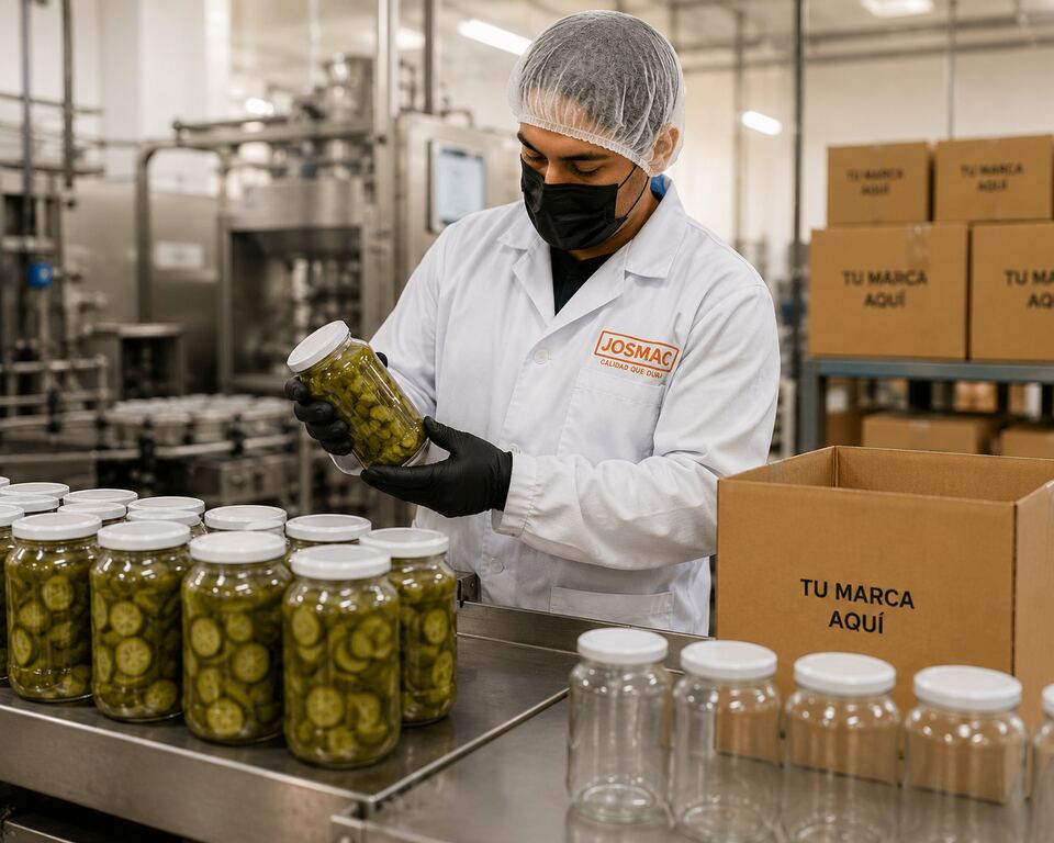 Control de calidad de un frasco de pepinillos, con cajas de maquila listas para la marca del cliente.