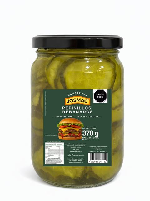 Pepinillos rebanados Josmac en frasco de vidrio, 370 g.