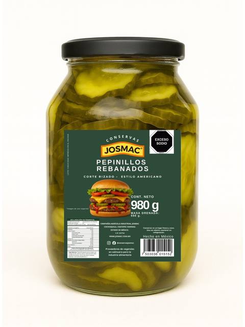 Pepinillos rebanados Josmac en frasco de vidrio, 980 g.