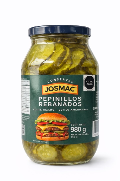 Pepinillos rebanados Josmac en frasco de vidrio, 980 g.